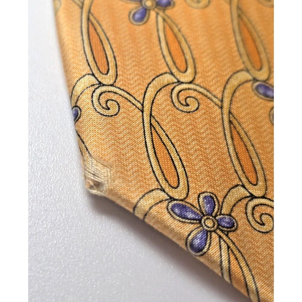 Faberge 100% Silk Tie D No. 086 Handmade in USA‎ Gold & Orange with Blue Flowers
